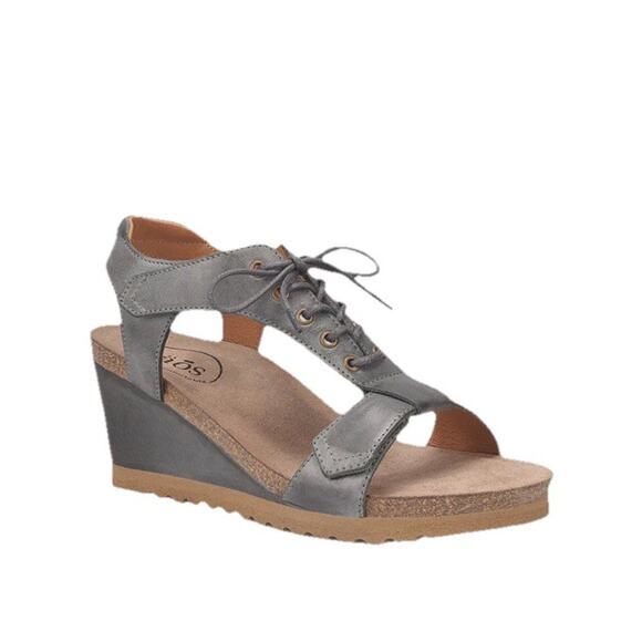 Taos 40 US 9 Blue Leather Lace Up T-Strap Wedge Sandals Hook Loop Comfort - Picture 1 of 9